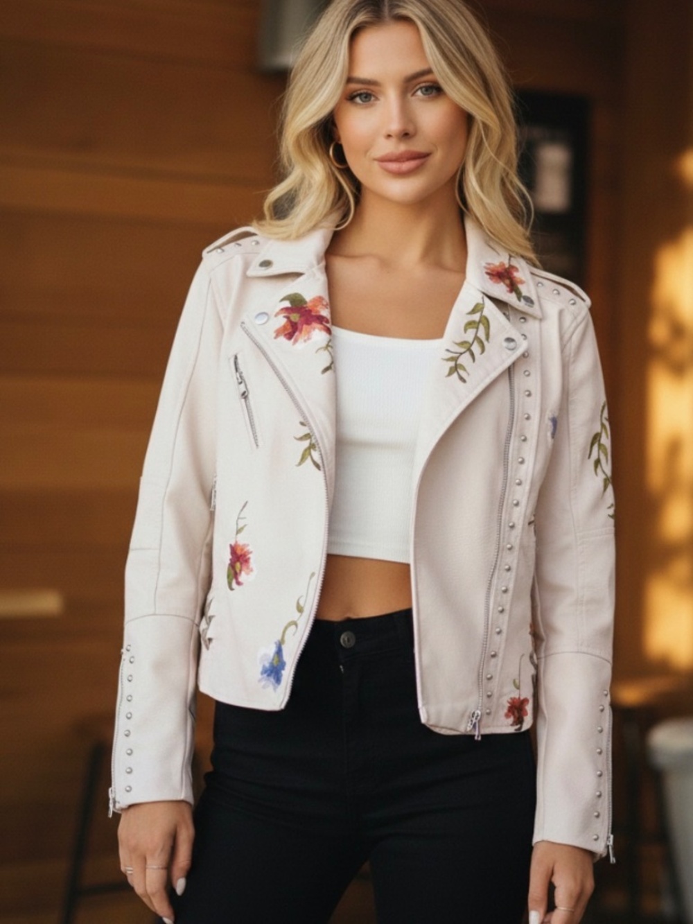 Luxe Vegan Leather Floral Embroidered zip up Studded Moto Jacket